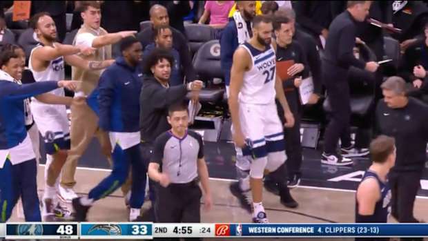 Minnesota Timberwolves players point at Orlando Magic forward Mo Wagner on  Tuesday, January, 9, 2024.